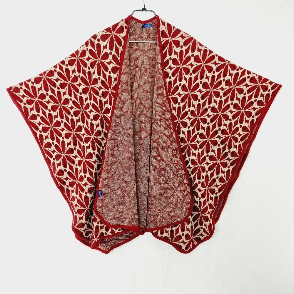 Elietian Red White Flower Pattern Open Front One Size Knit Poncho P2674